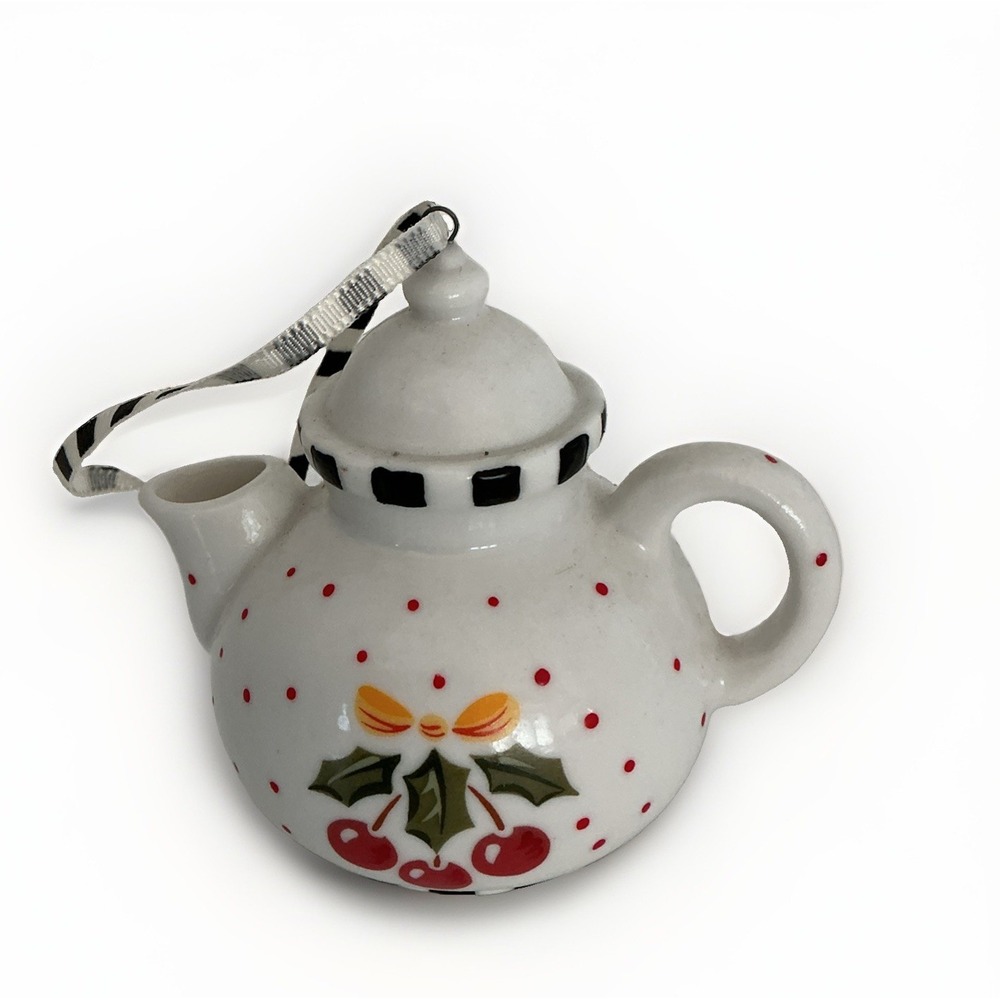 Mary Engelbreit Mini Teapot Ornament-  White & Black & Red w/ Cherries Christmas